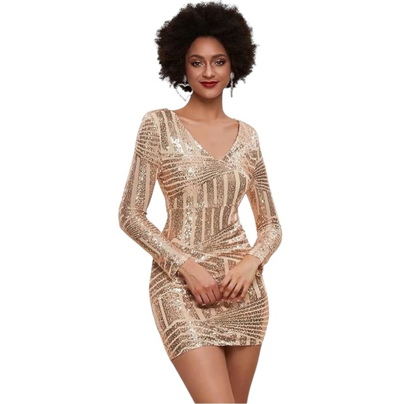 Miss Ord Women’s V Neck Bodycon Gold SeQuin Cocktail Dress Sz Medium NWT - Picture 1 of 7